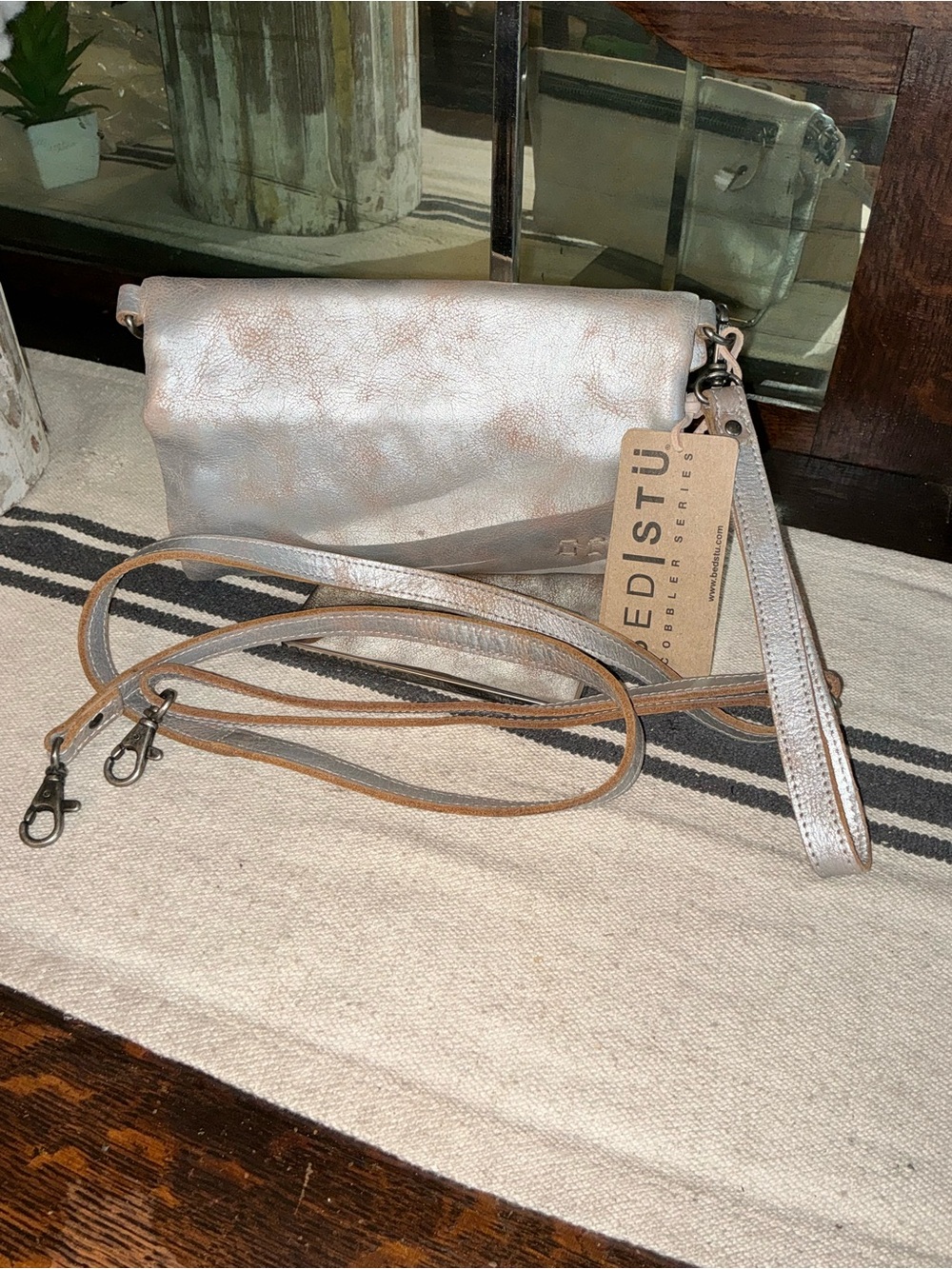 NWT Bed Stu Cadence Wallet Wristlet Clutch Crossbody Bag Silver Lux MSRP $179